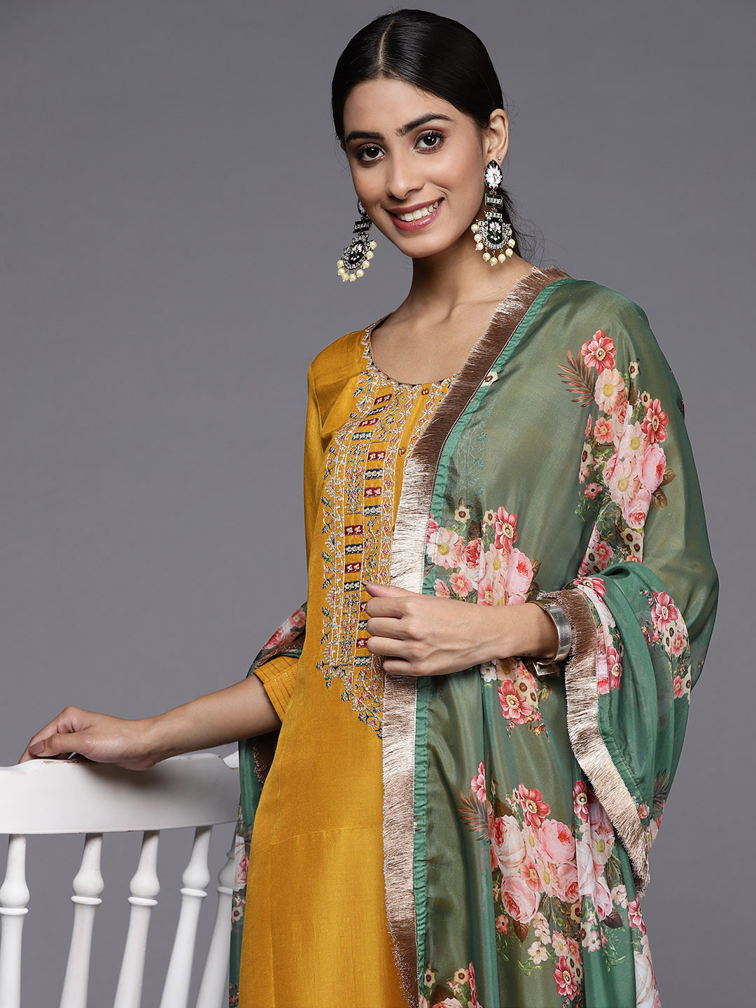 

Varanga Women Mustard Yellow Ethnic Motifs Embroidered Kurta with Trousers & Dupatta
