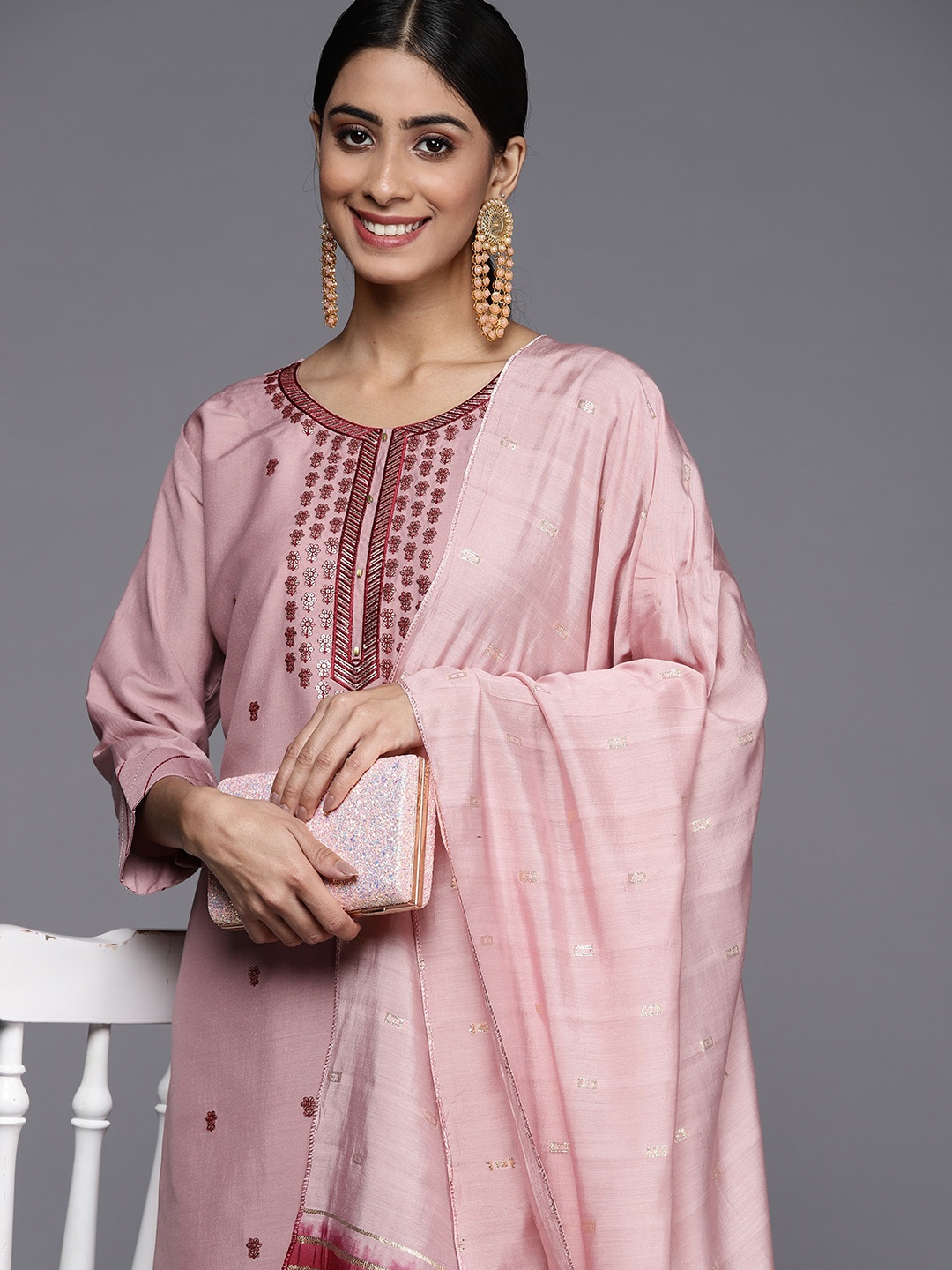 

Varanga Women Pink Ethnic Motifs Embroidered Sequinned Kurta with Trousers & With Dupatta