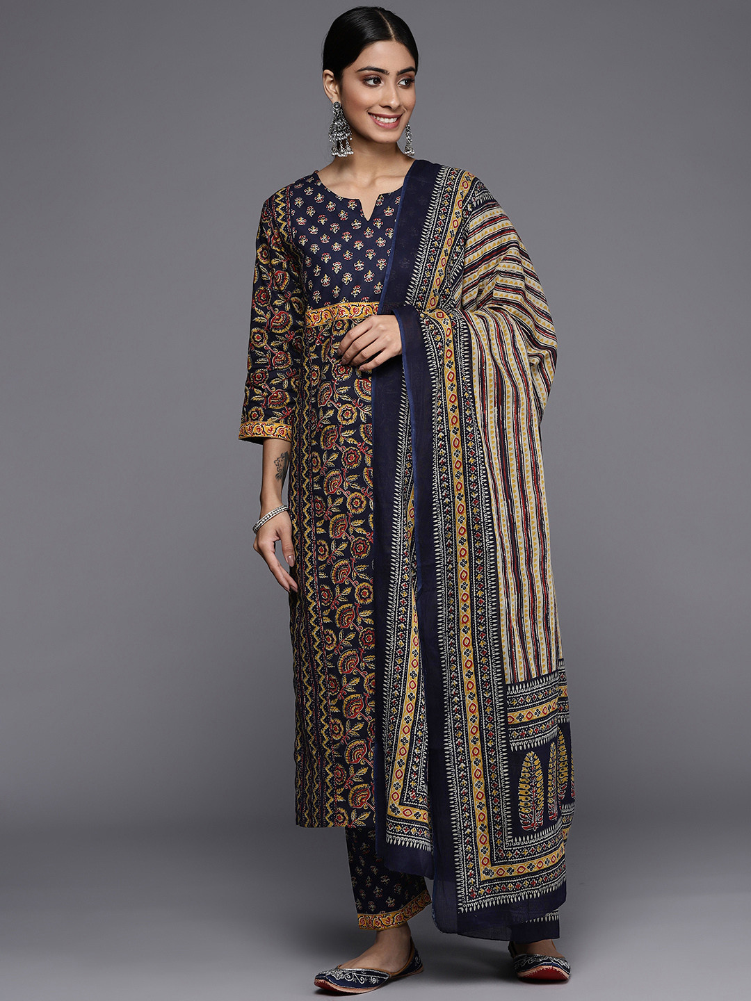 

Varanga Women Navy Blue Ethnic Motifs Printed Pure Cotton Kurta with Trousers & With Dupatta