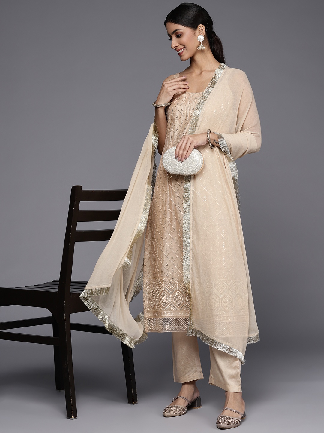 

Varanga Women Beige Sequinned Kurta with Trousers & With Dupatta