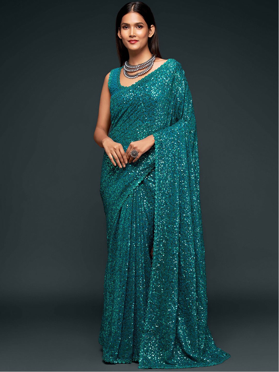 

FABPIXEL Teal Embellished Sequinned Pure Georgette Saree