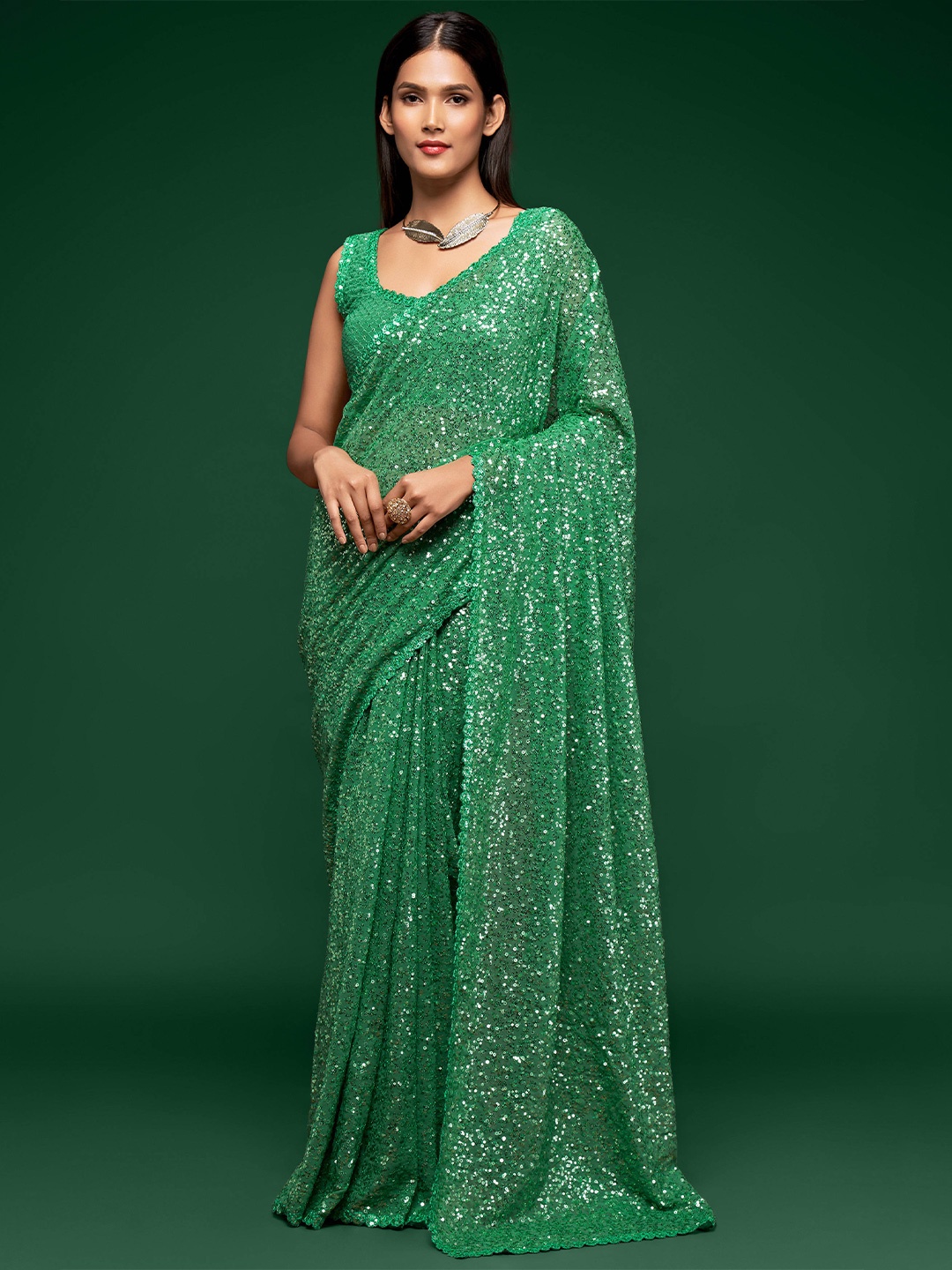 

FABPIXEL Green Embellished Sequinned Pure Georgette Saree