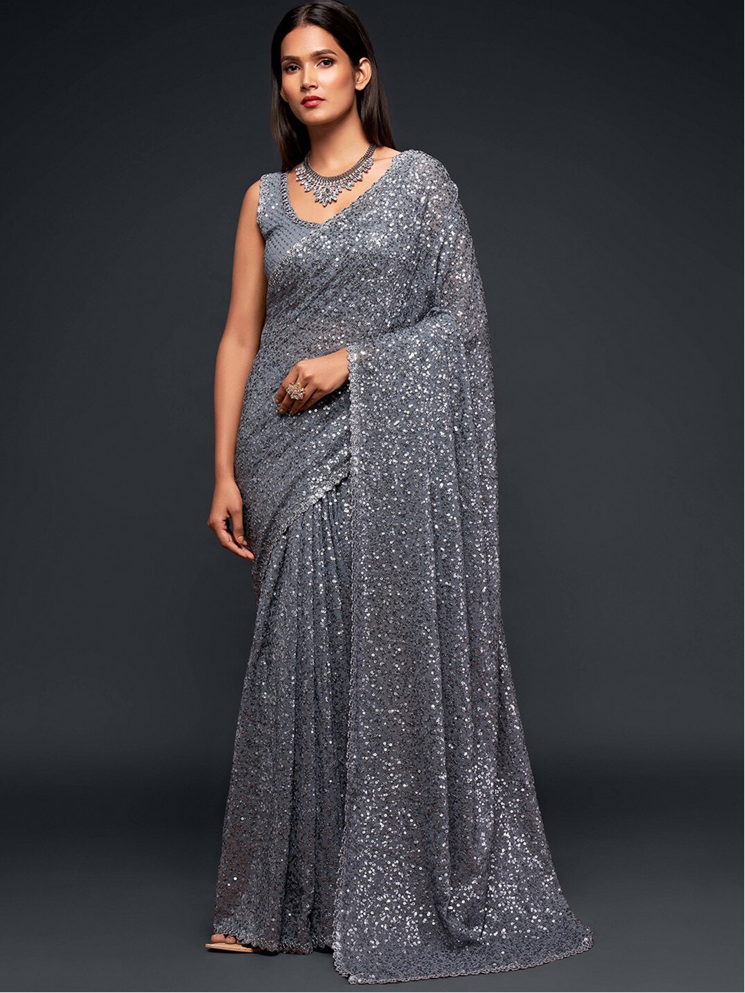 

FABPIXEL Grey Embellished Sequinned Pure Georgette Saree