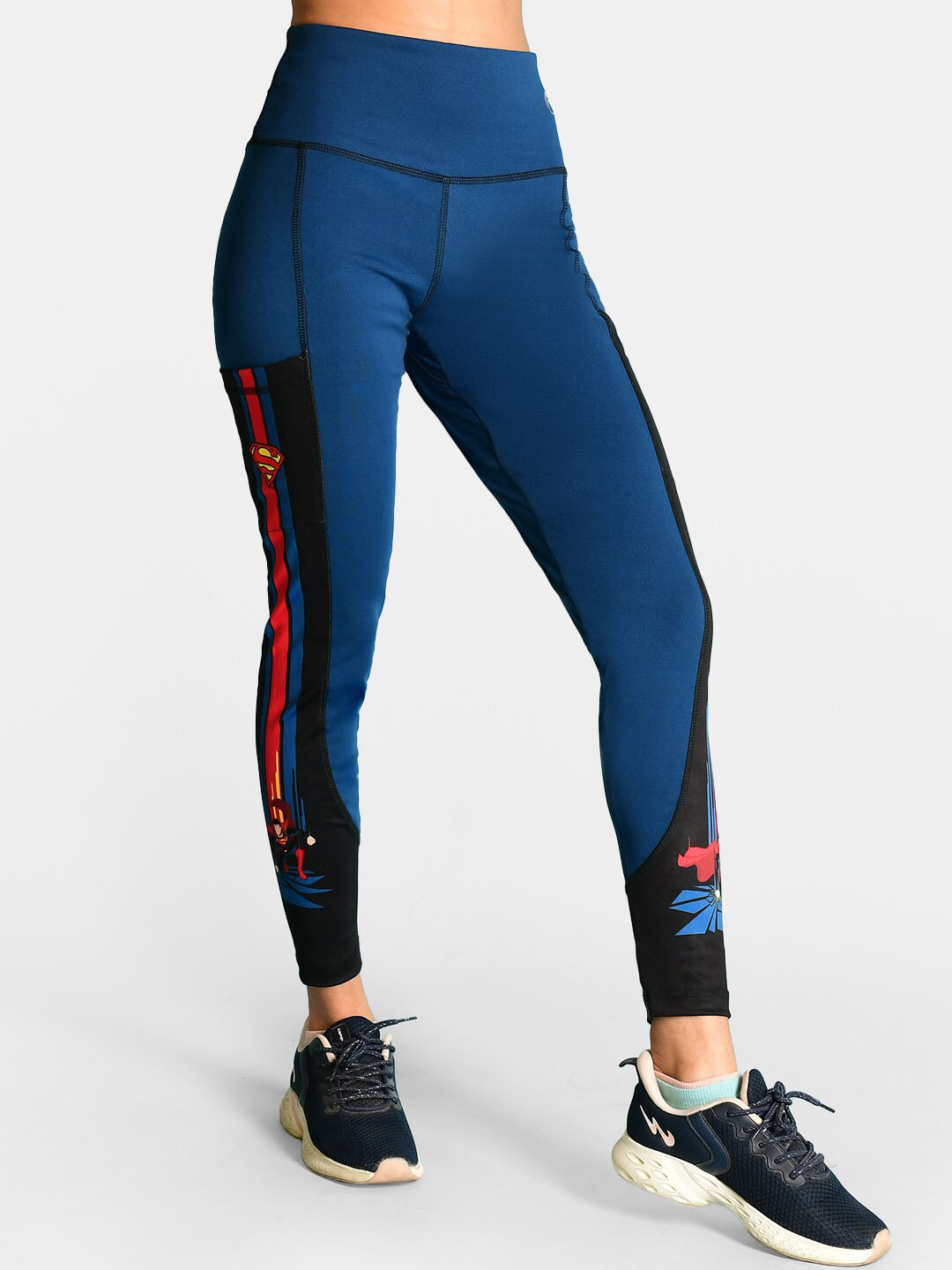 

Athlizur Women Blue Black Superman Power Printed High Waist Leggings