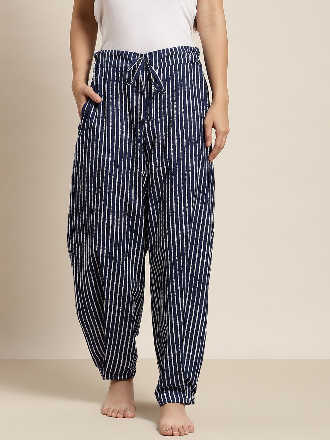

MBeautiful Women Blue Striped Organic Cotton Lounge Pants, Navy blue
