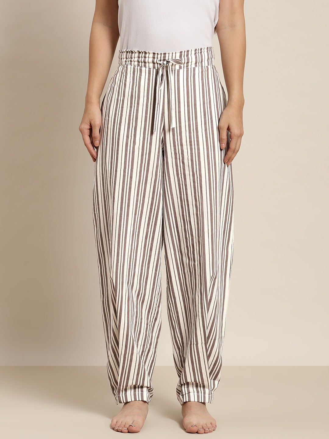 

MBeautiful Women Off-White & Brown Striped Cotton Lounge Pants