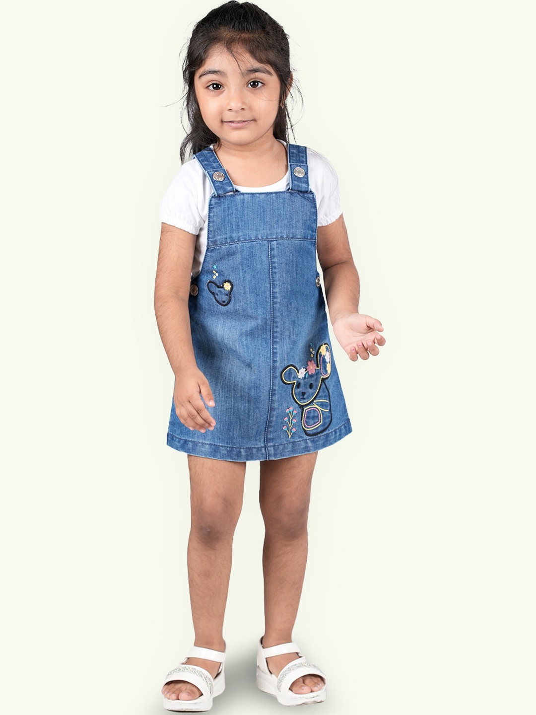 

Zalio Kids Girls White & Blue Denim Cotton Mini Dress