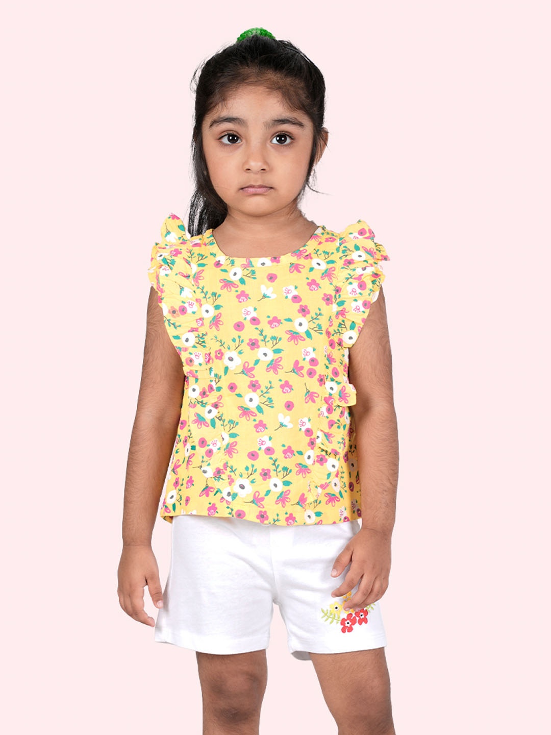 

Zalio Girls Yellow & White Printed Top with Shorts