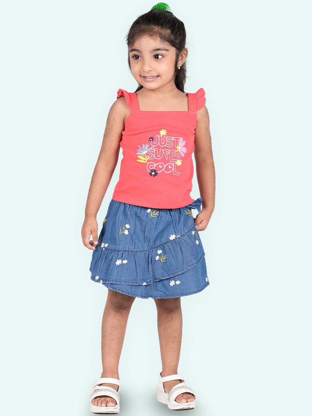 

Zalio Girls Printed Cotton Top with Skirt, Pink