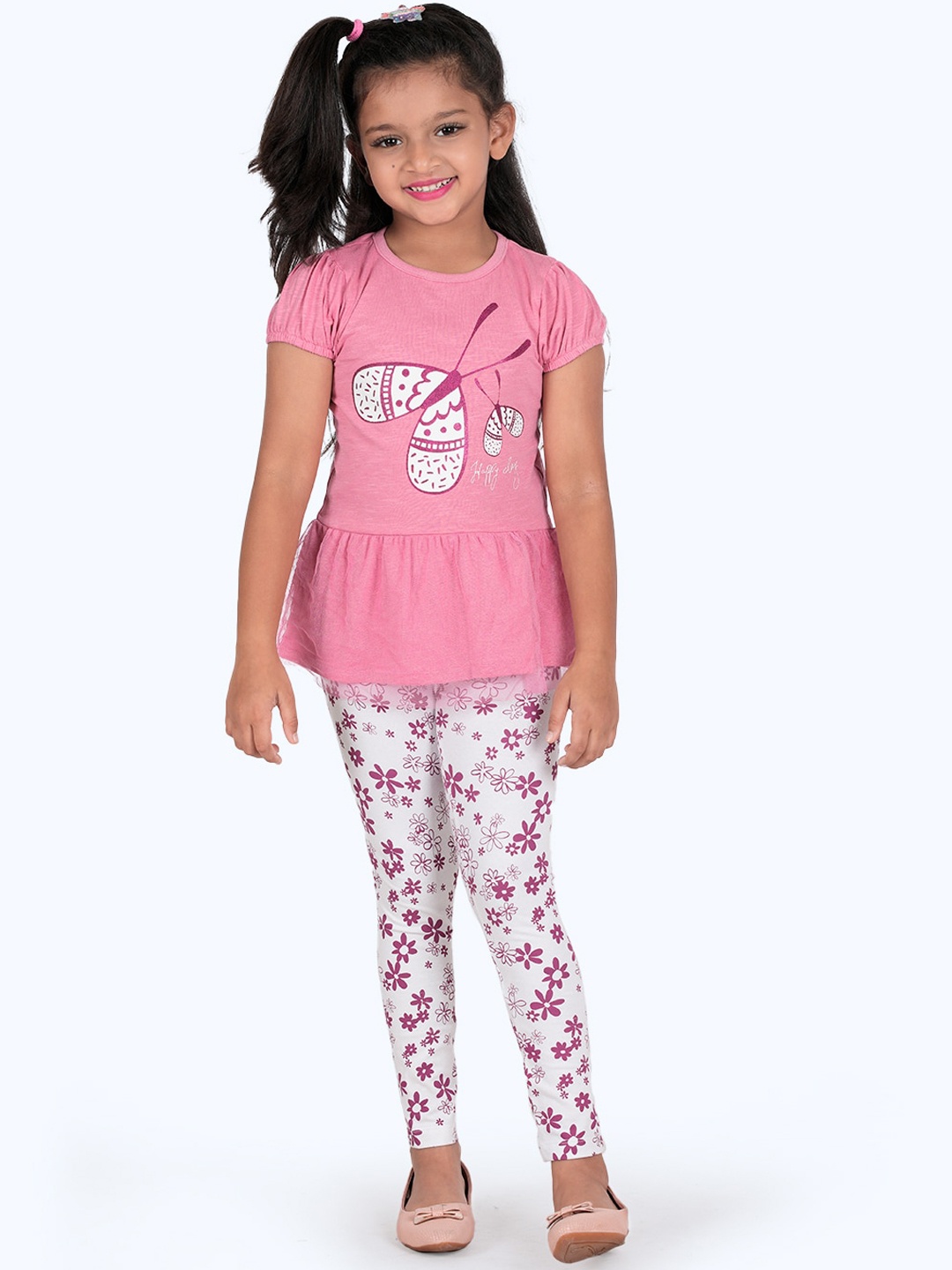 

Zalio Girls Pink & White Printed Cotton Top with Leggings