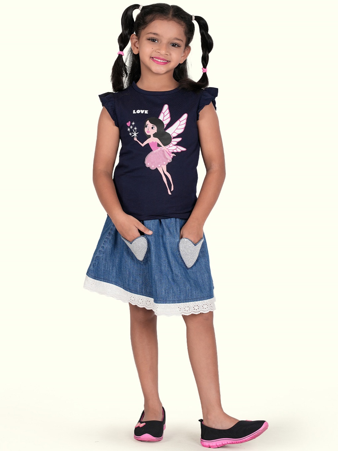 

Zalio Girls Navy Blue & Pink Printed Pure Cotton Clothing Set