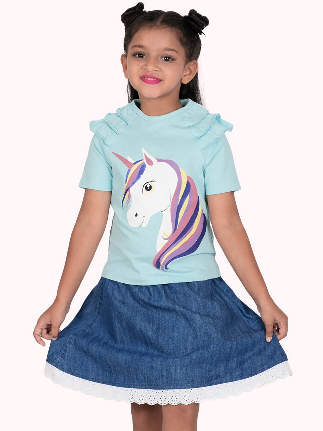 

Zalio Girls Blue & Sea Green Printed Pure Cotton Top with Skirt