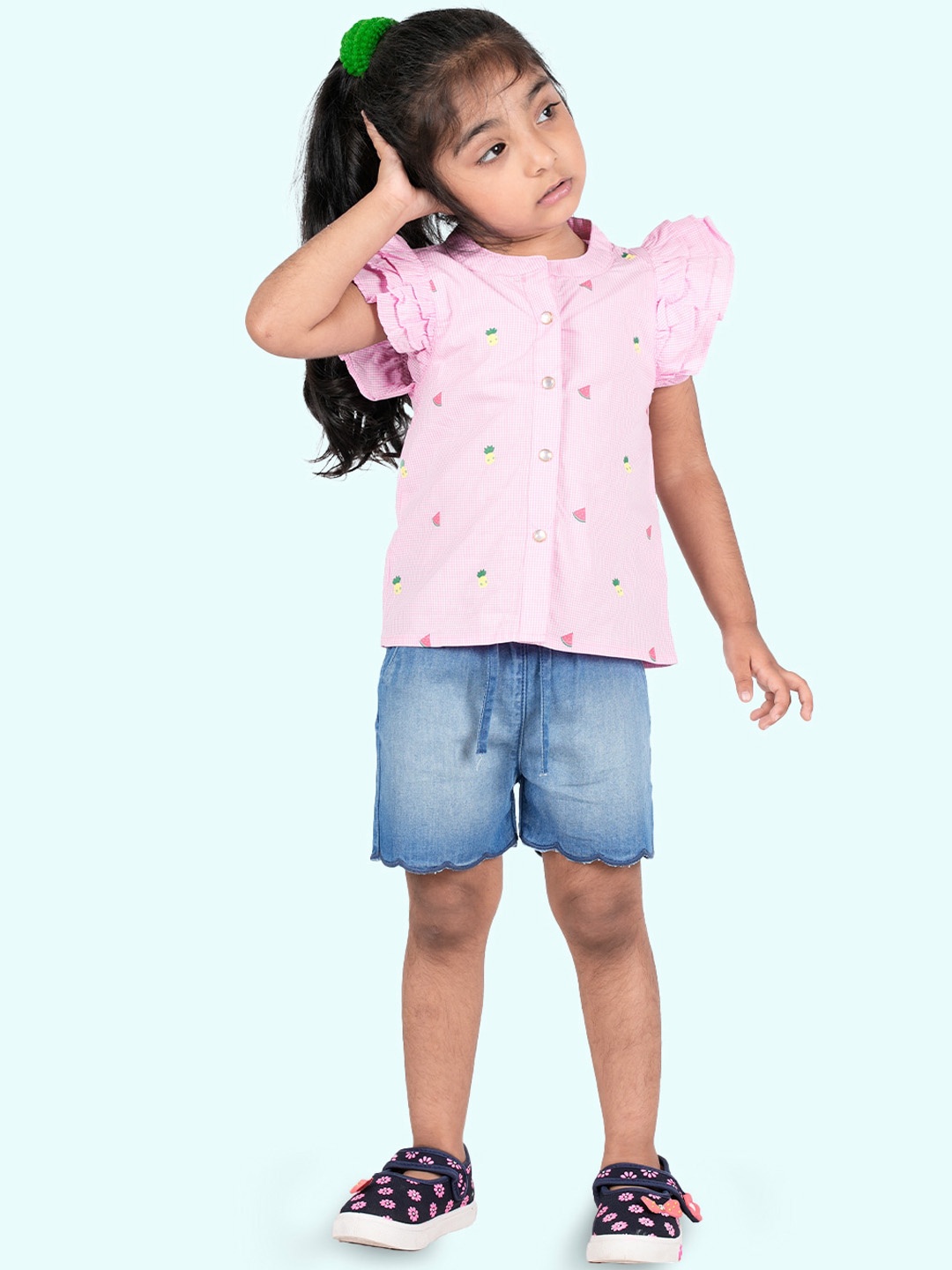 

Zalio Girls Pink & Blue Printed Cotton Top with Shorts