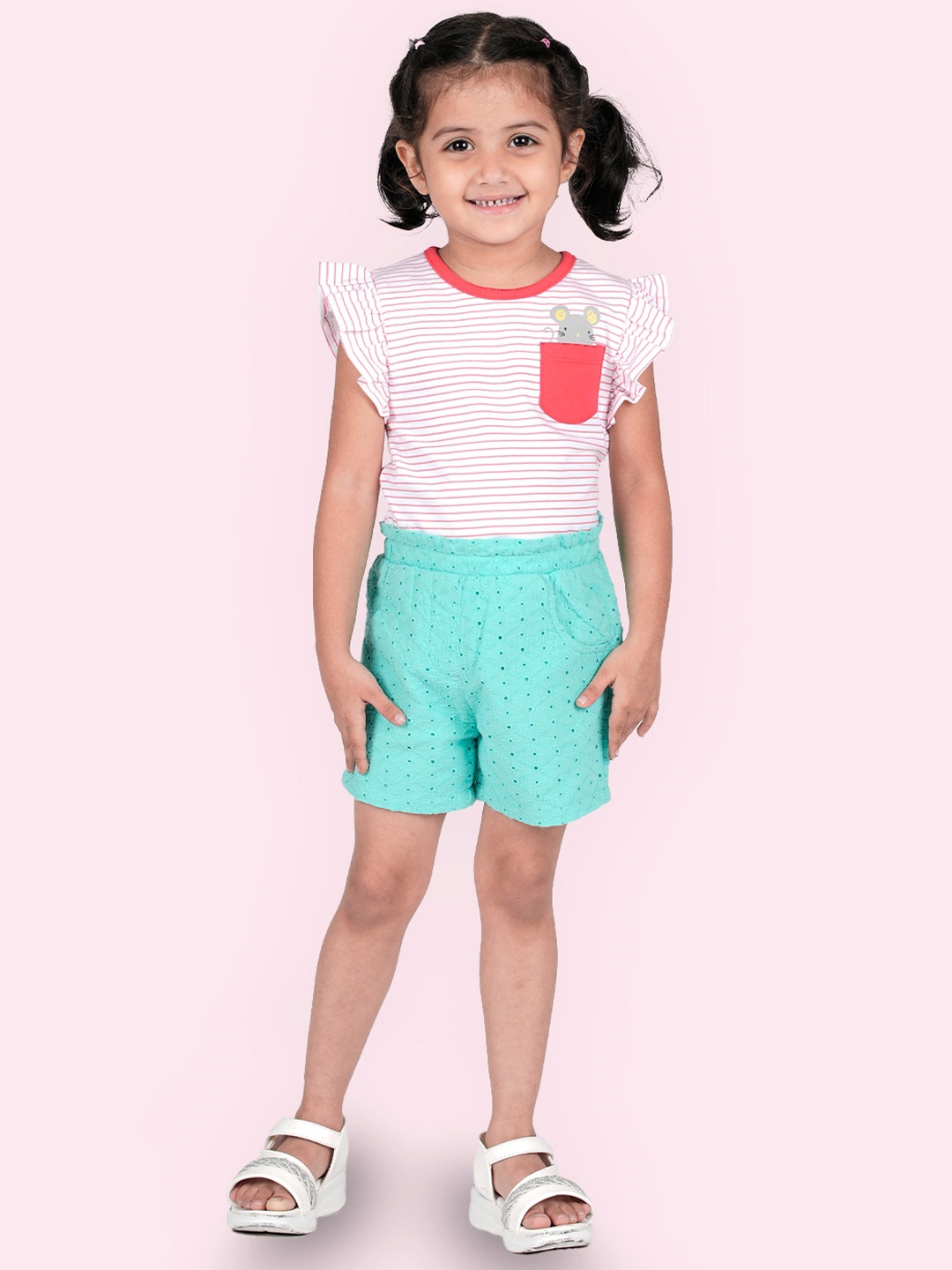 

Zalio Girls Red & Sea Green Pure Cotton Striped Top with Shorts