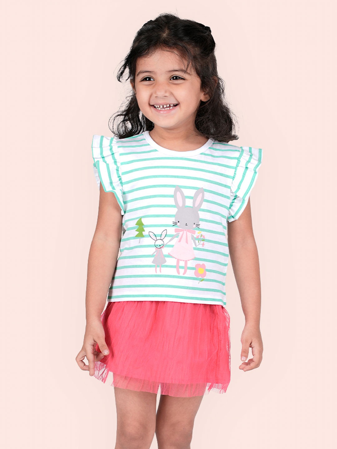 

Zalio Girls White & Green Striped Top with Skirt