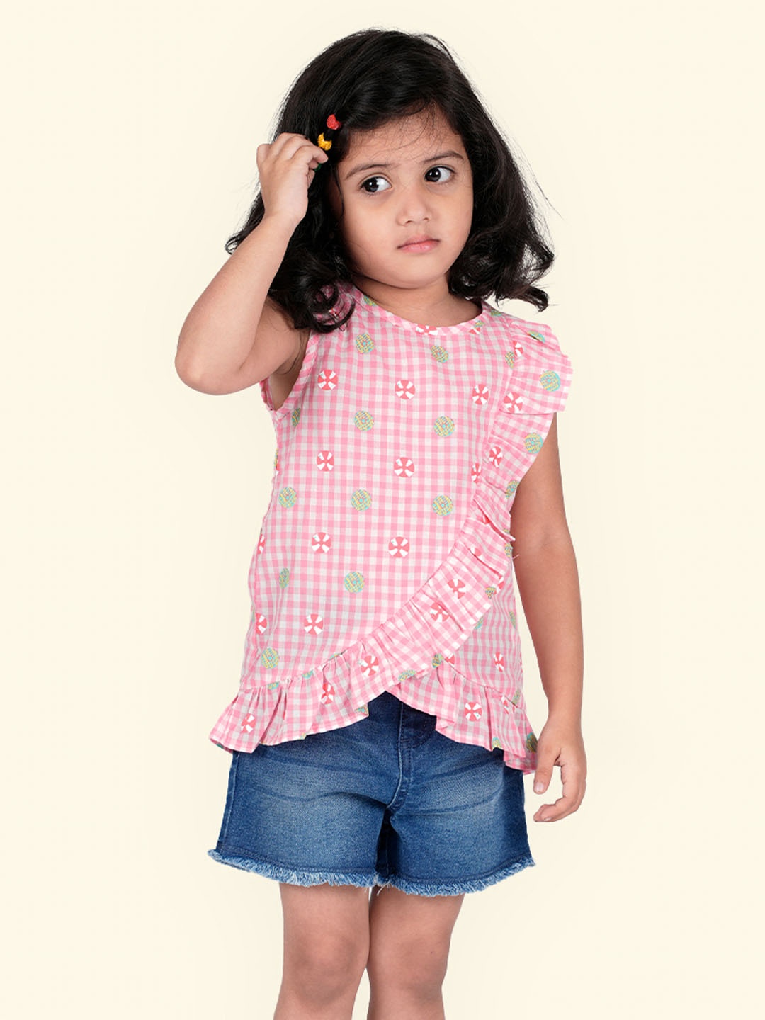 

Zalio Girls Pink & Blue Checked Top with Shorts