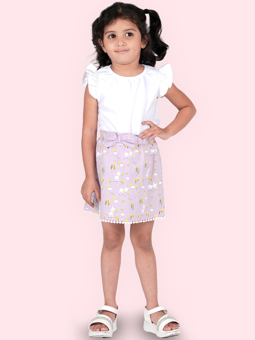 

Zalio Girls White & Lavender Pure Cotton Top with Skirt