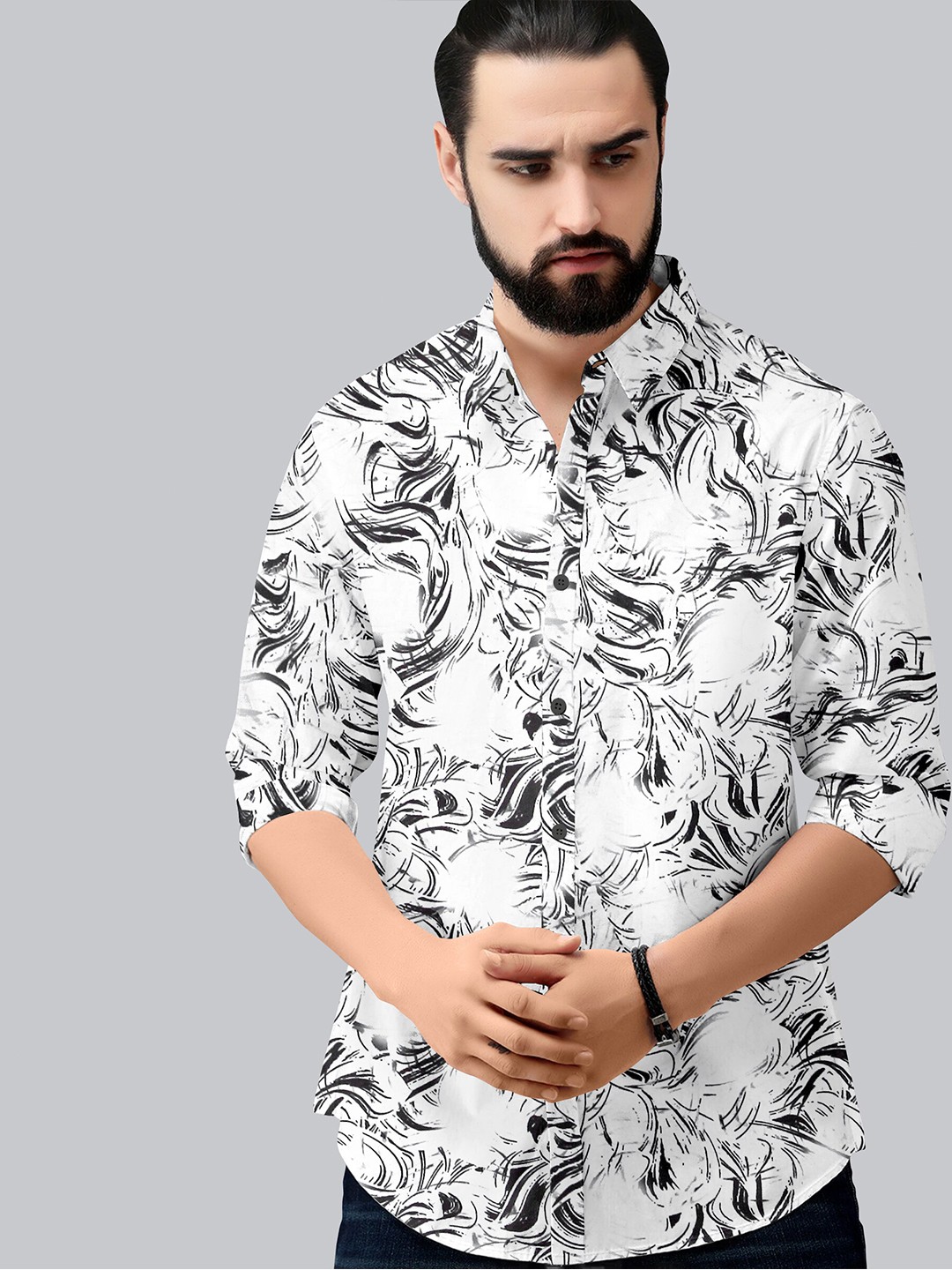 

Fashion FRICKS Men White Classic Printed Casual Shirt