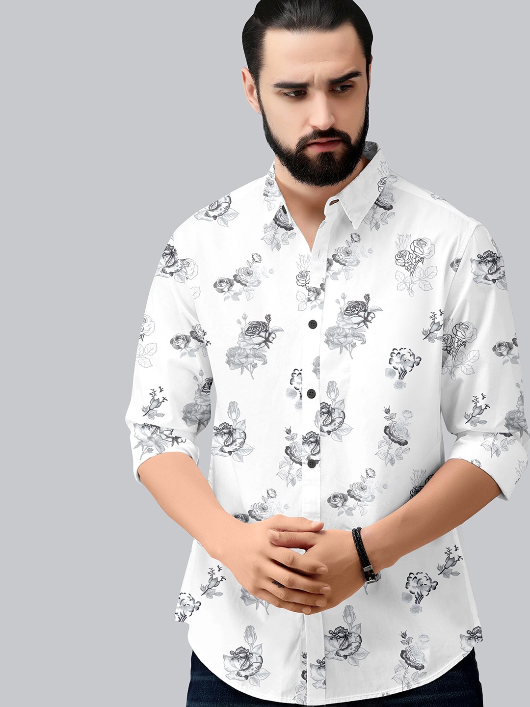 

Fashion FRICKS Men White Classic Floral Printed Casual Shirt