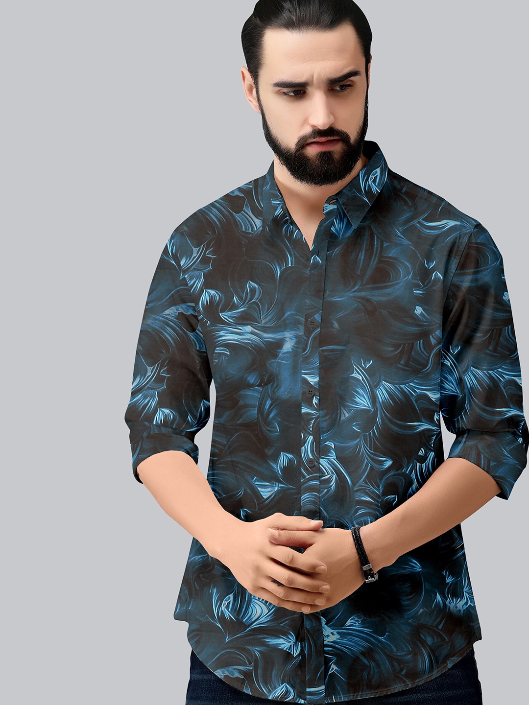 

Fashion FRICKS Men Navy Blue Classic Printed Casual Shirt