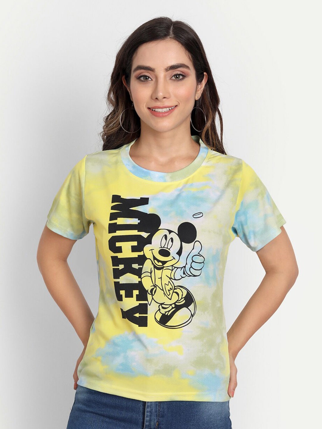 

FRAUTICA Women Yellow & Blue Mickey Mouse Dyed T-shirt