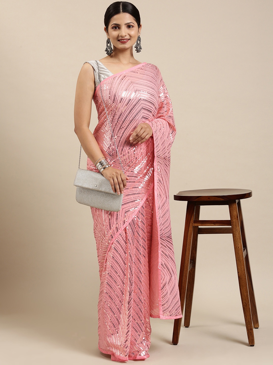 

Pothys Peach-Coloured & Silver Embellished Sequinned Pure Chiffon Heavy Work Saree