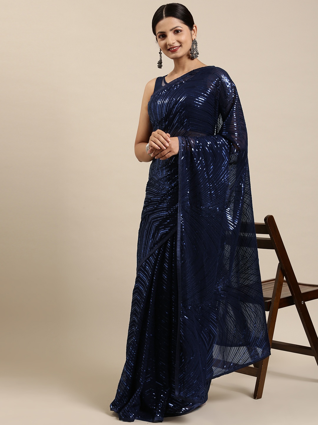 

Pothys Blue Embellished Sequinned Pure Chiffon Saree
