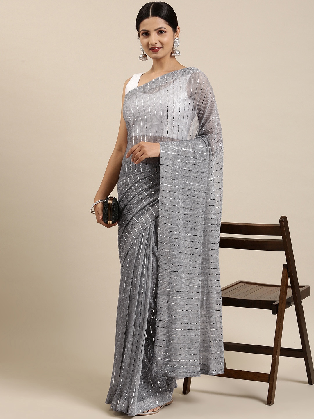 

Pothys Grey Embellished Sequinned Tissue Saree