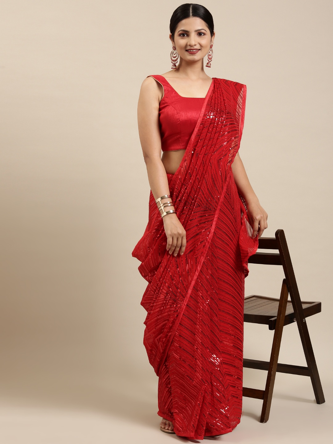 

Pothys Red Embellished Sequinned Pure Chiffon Saree