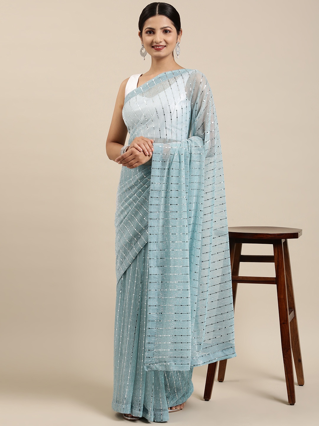 

Pothys Blue Embellished Sequinned Tissue Saree