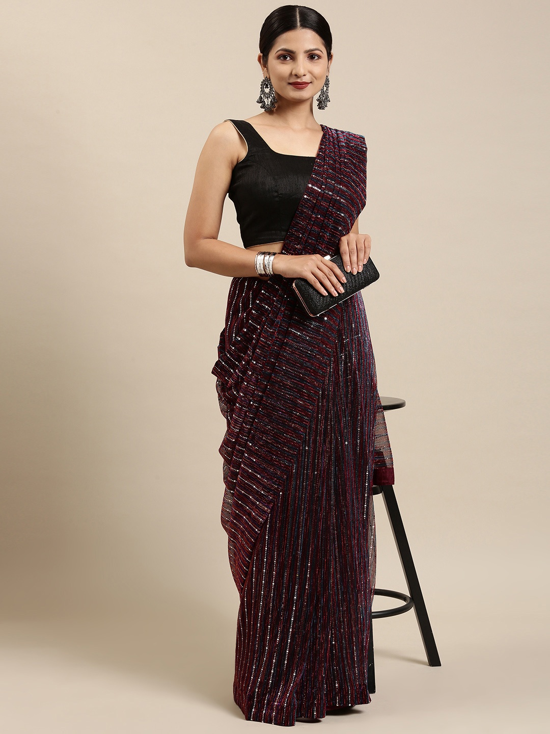 

Pothys Maroon & Navy Blue Embellished Sequinned Tissue Saree