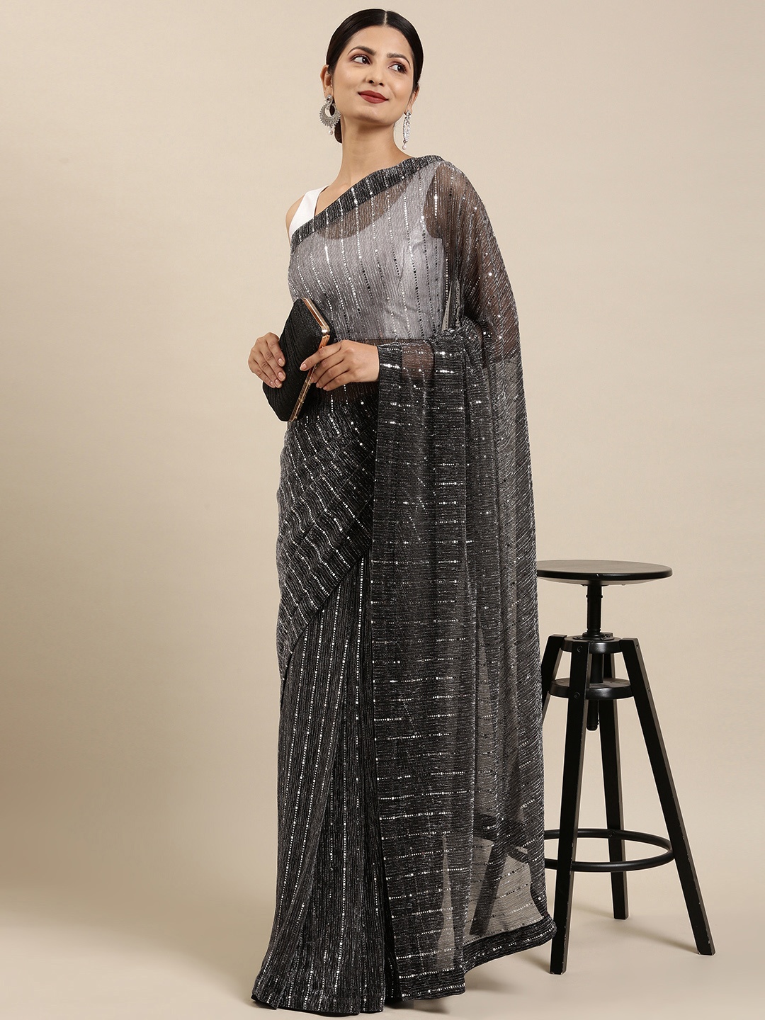 

Pothys Grey Embellished Sequinned Tissue Heavy Work Saree