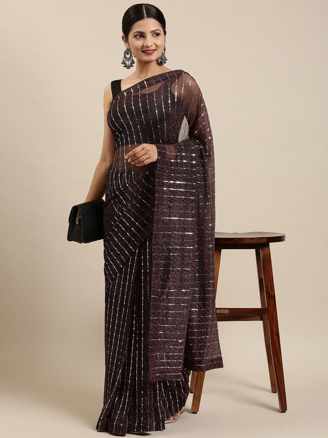 

Pothys Coffee Brown Embellished Sequinned Tissue Saree