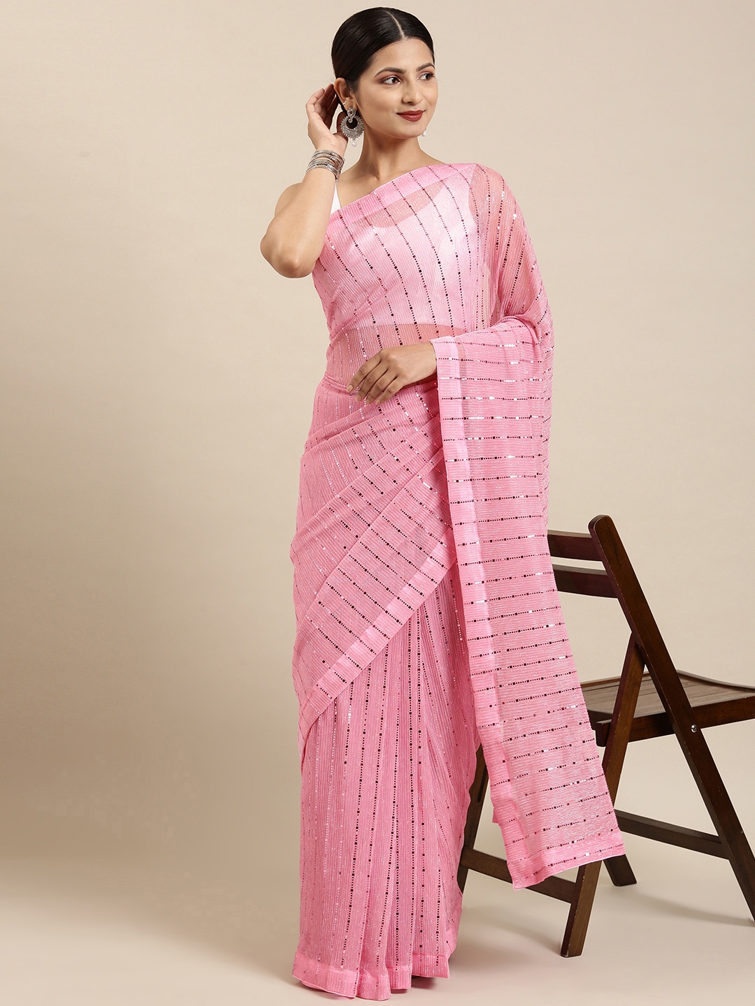 

Pothys Pink Embellished Sequinned Tissue Saree