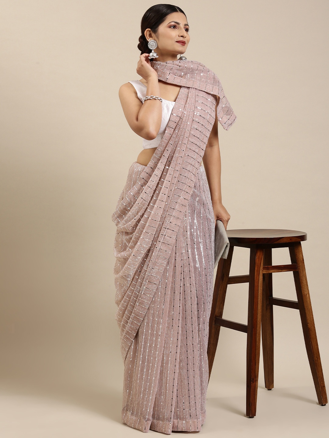 

Pothys Peach-Coloured & Silver Embellished Sequinned Tissue Saree