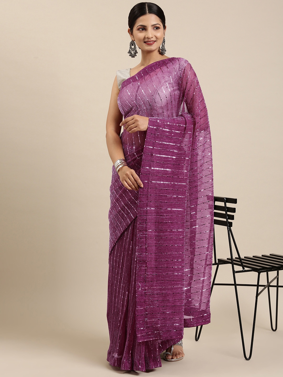 

Pothys Pink & Silver Embellished Sequinned Tissue Heavy Work Saree