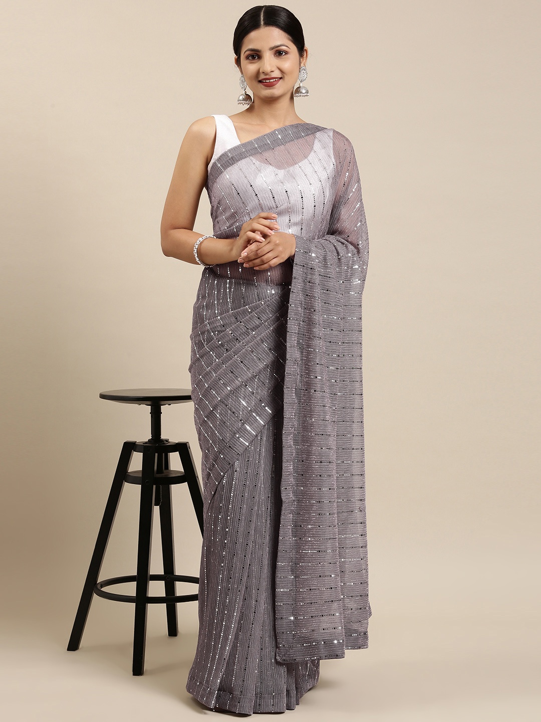 

Pothys Grey Embellished Sequinned Tissue Saree