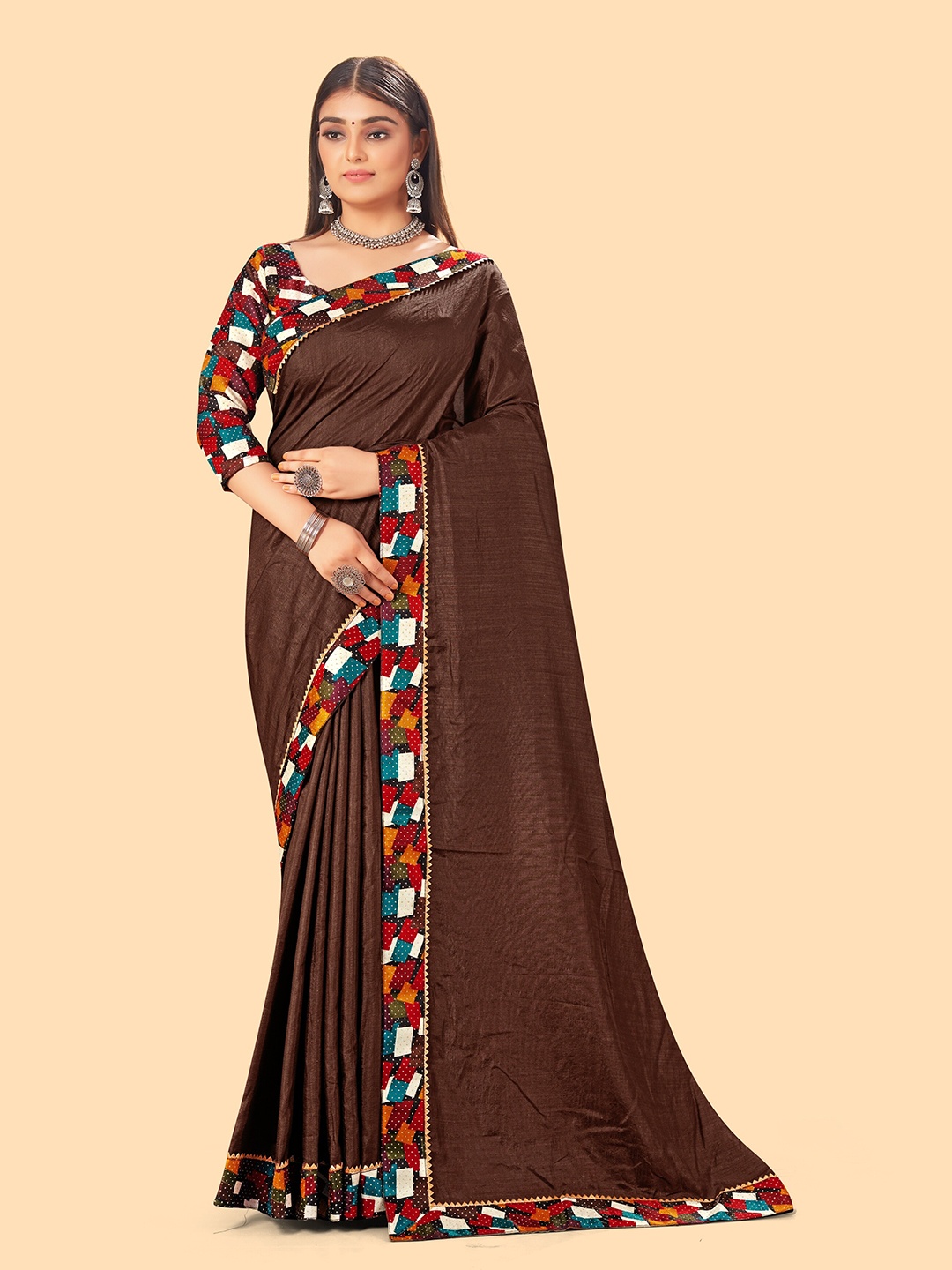 

TEREZA Brown & Maroon Solid Pure Chiffon Saree