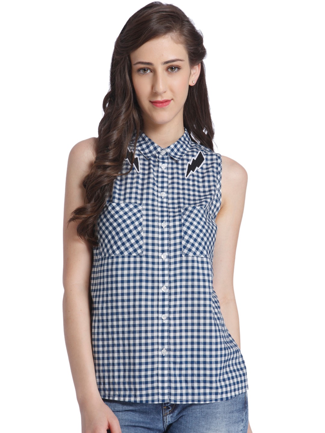 

ONLY Women Blue & White Regular Fit Checked Casual Shirt