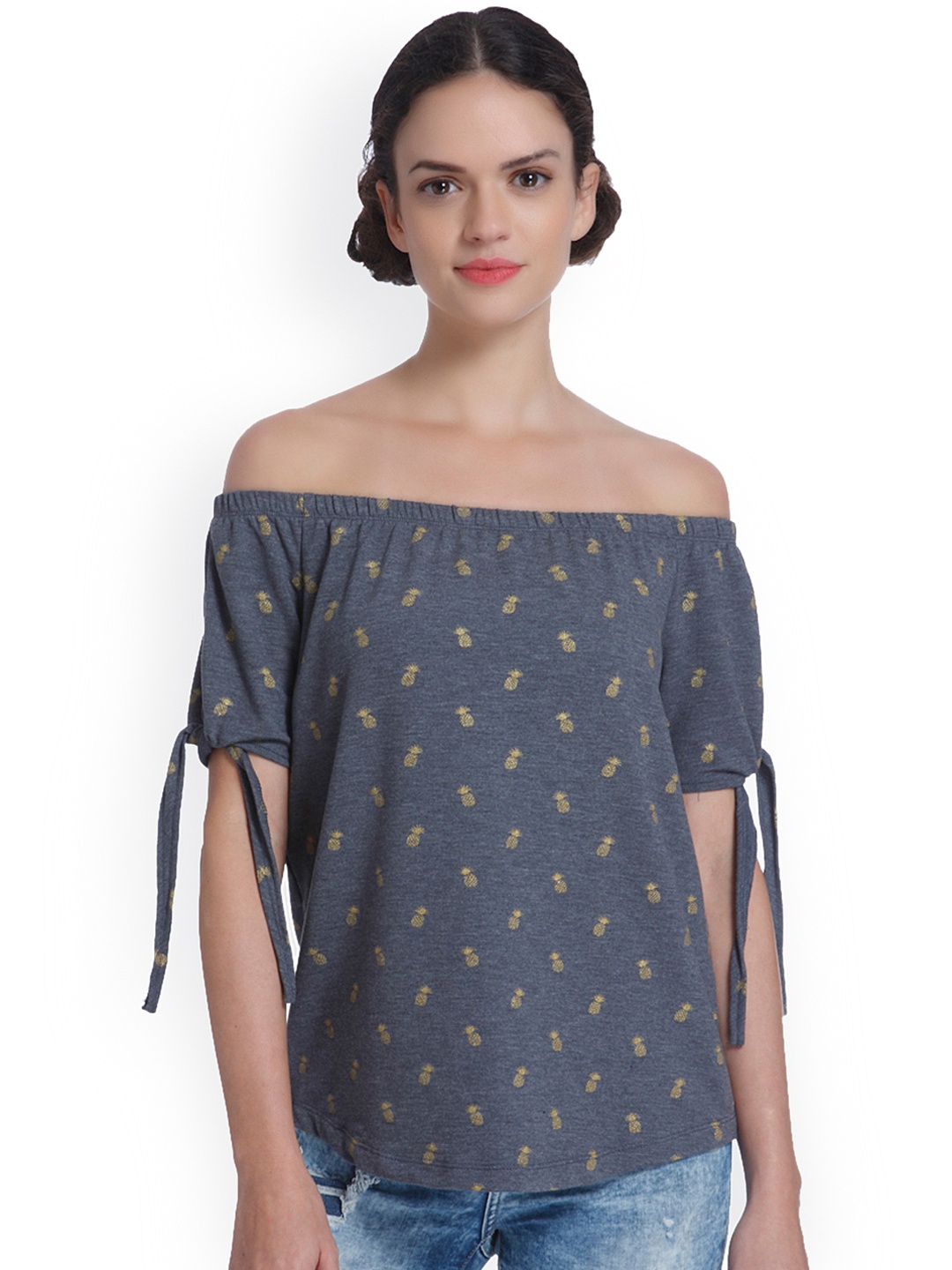 

ONLY Women Grey Melange Printed Bardot Top