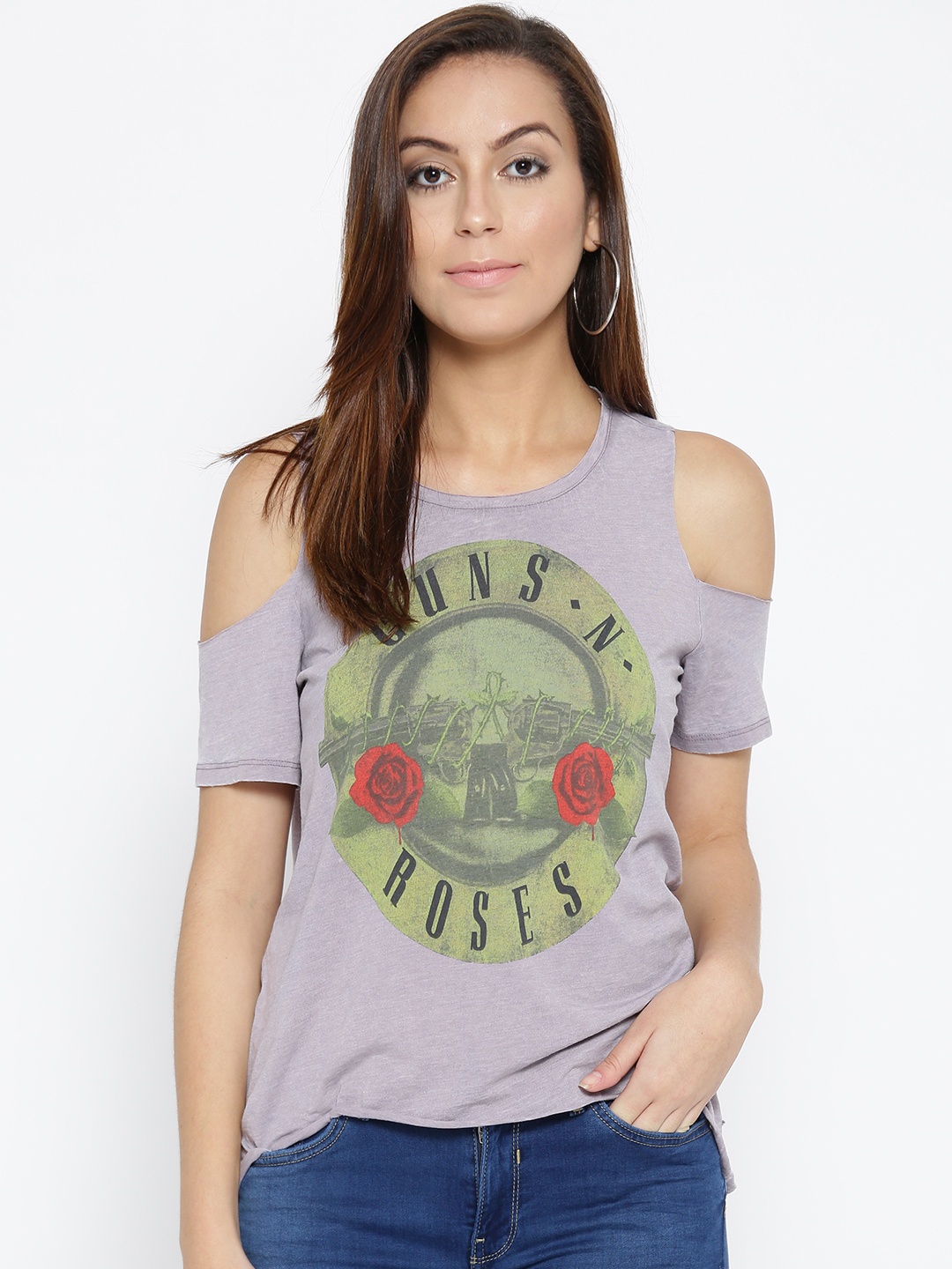 

ONLY Women Lavender Printed Cold Shoulder Top
