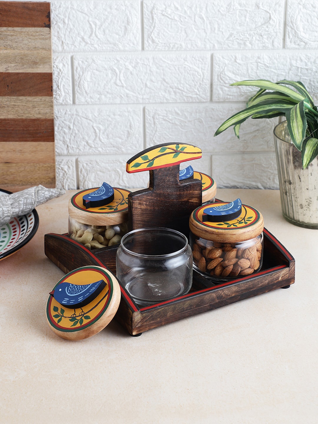 

VarEesha Transparent Set Of 4 Food Printed Glass Container With Holder 150 ml