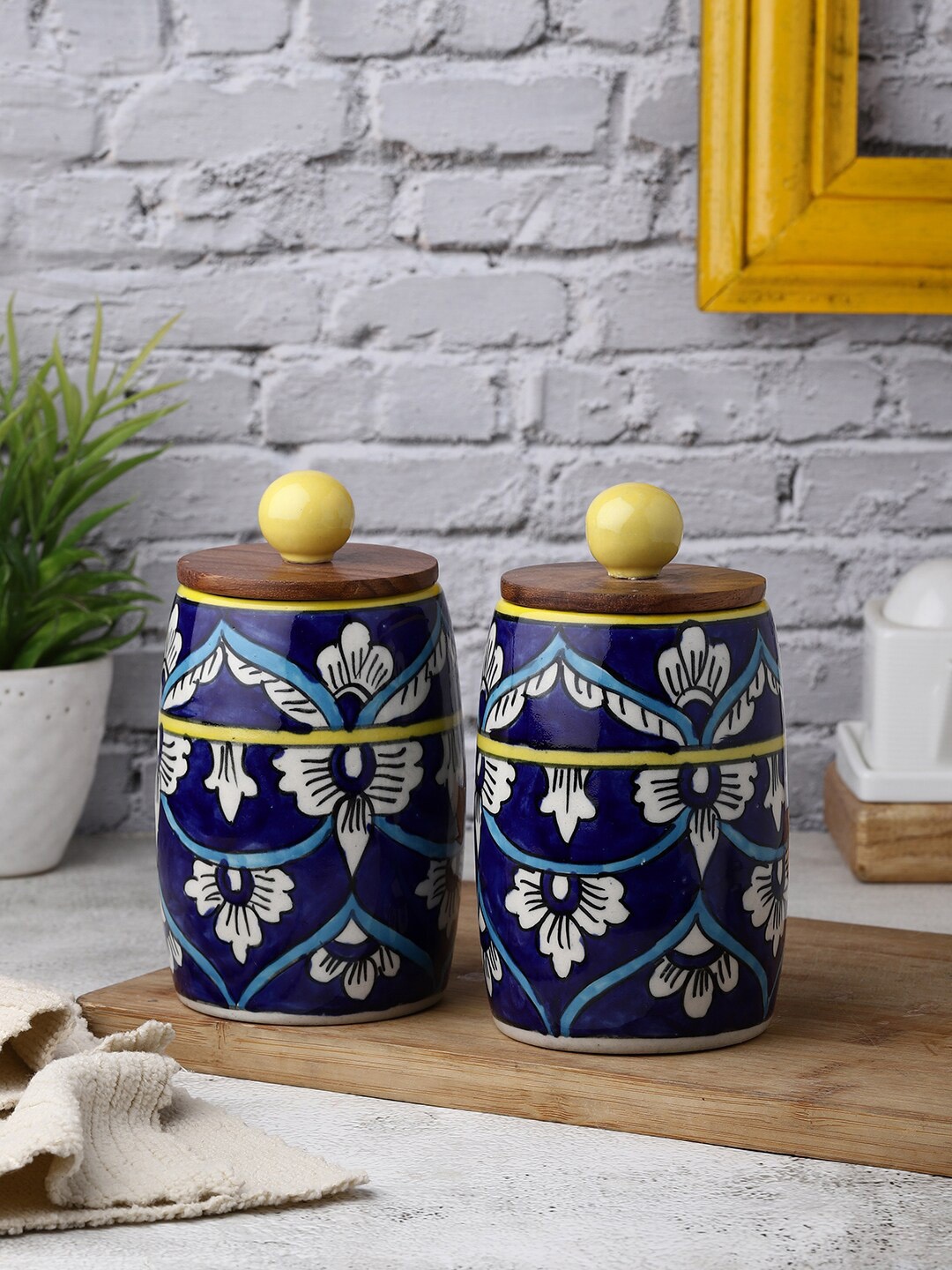 

VarEesha Blue Set Of 2 Printed Floral Small Dholak Ceramic Jars 300 ML