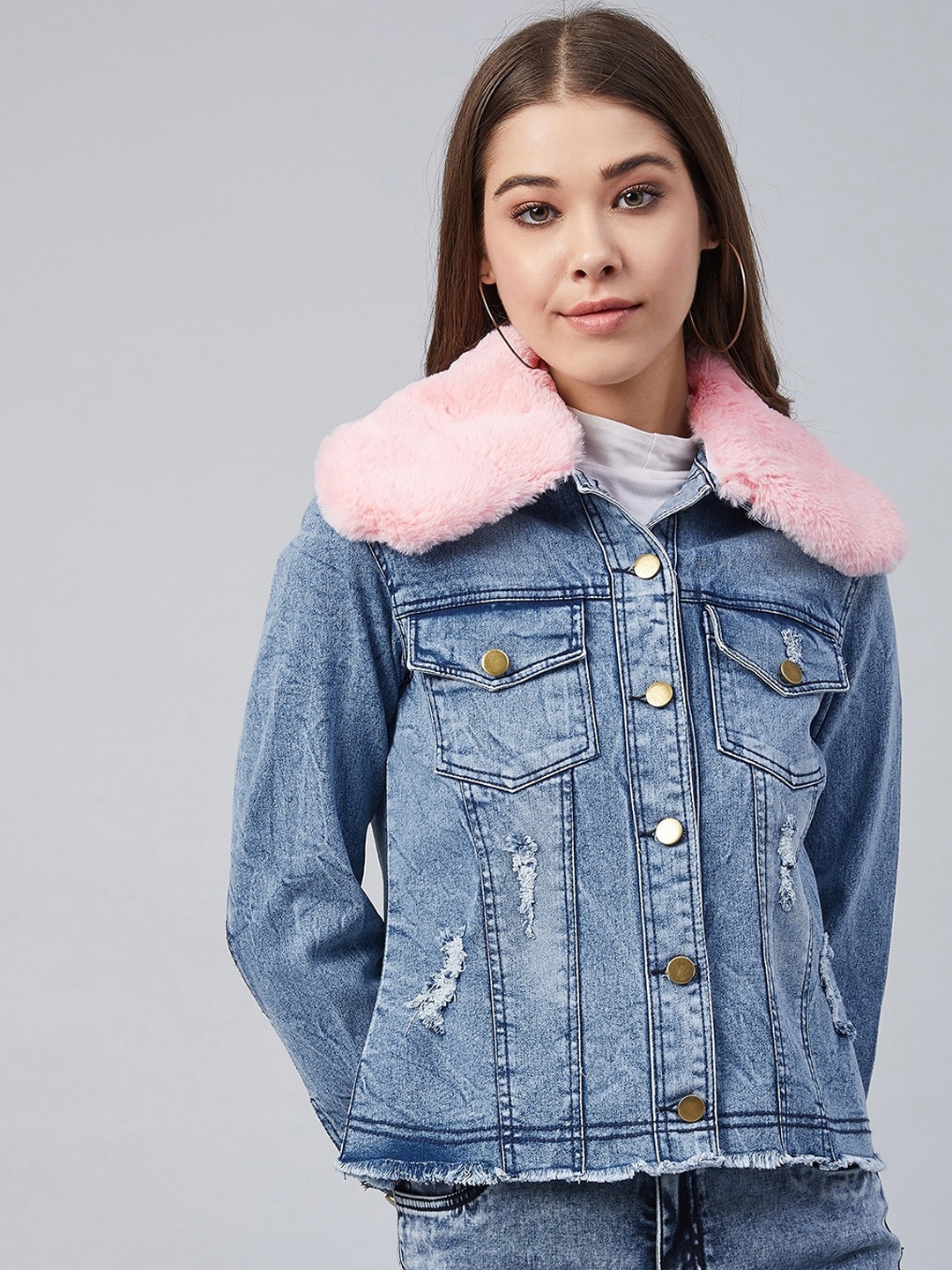 

StyleStone Women Pink Lapel Collar Washed Denim Jacket