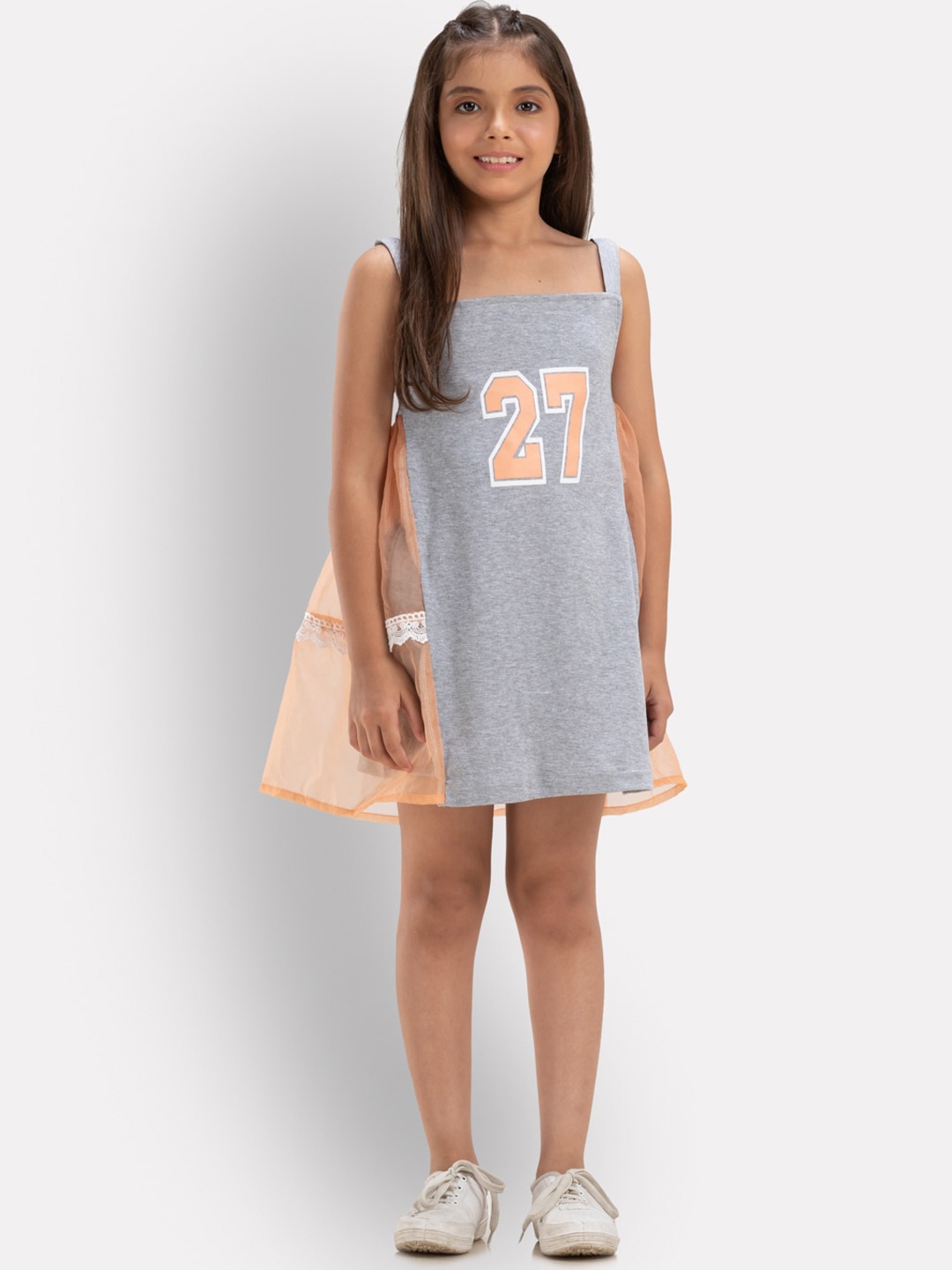 

Growing Tree Girls Grey & Orange Pure Cotton Tunic with Shorts and Camisole