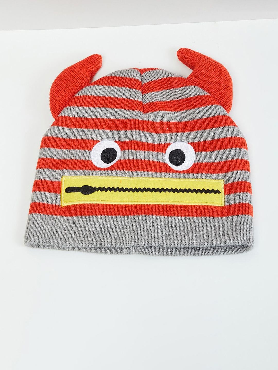 

max Boys Striped Knit Monster Beanie Cap, Grey