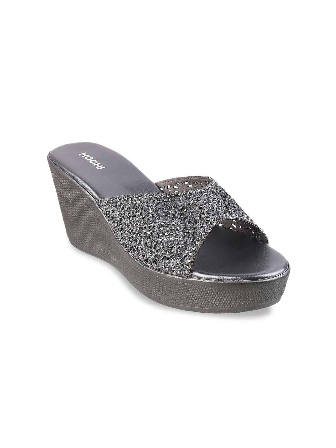 

Mochi Grey Embellished Party Wedge Sandals with Laser Cuts