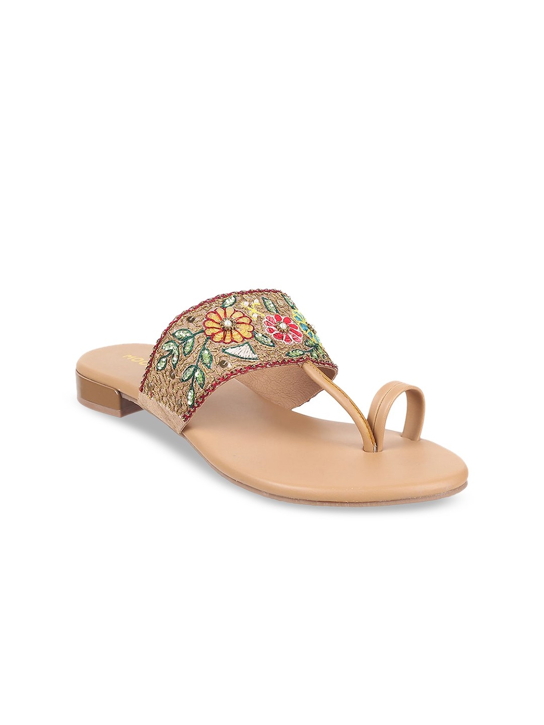 

Mochi Gold-Toned & Red Embellished One Toe Flats