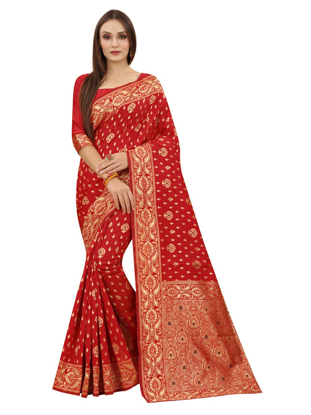 

MOKSHA DESIGNS Red & Gold-Toned Ethnic Motifs Zari Pure Silk Kanjeevaram Saree