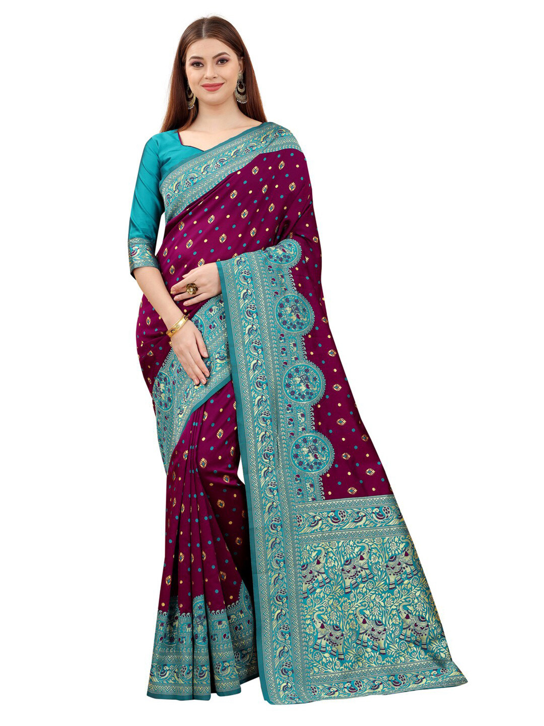 

MOKSHA DESIGNS Burgundy & Turquoise Blue Woven Design Zari Pure Silk Kanjeevaram Saree